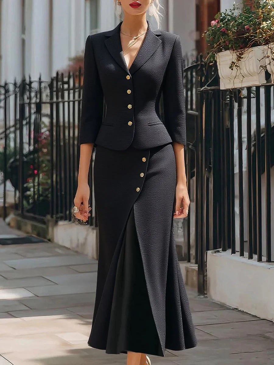 Single-breasted Three-quarter Sleeve Blazer Button-up Slit Skirt 2-piece Sets