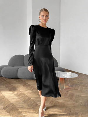 Crew Neck Long sleeve zipper Leg-of-mutton sleeve midi dress