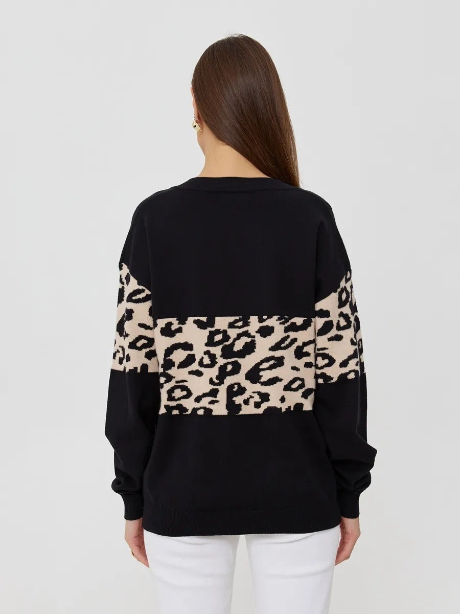 Liber Autumn women's leopard print clothing Raglan sleeve paneled pullover sweater