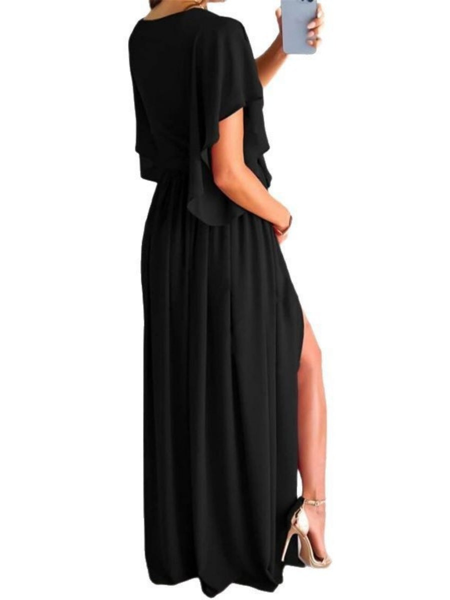 Tie-up Ruffle Sleeves V-neck Slit Elegant Cocktail Party Long Evening Dress