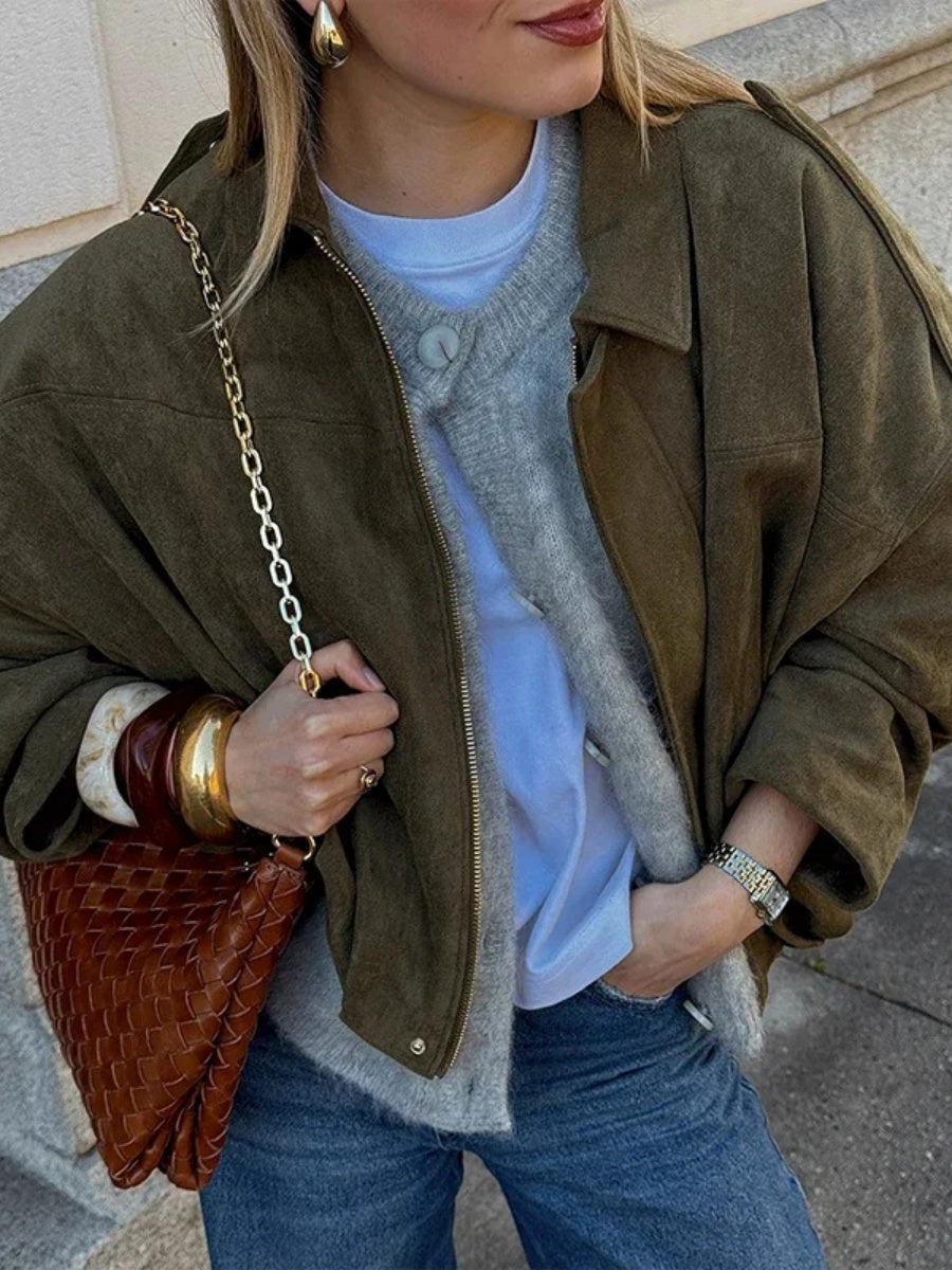 Batwing sleeve olive green Zip-up jacket
