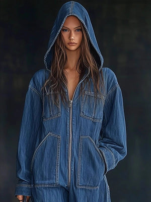 Style Zip-up Hooded Denim Jumpsuit With Large Pockets