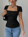 Slim Fit Solid Color T-Shirt With Gathering