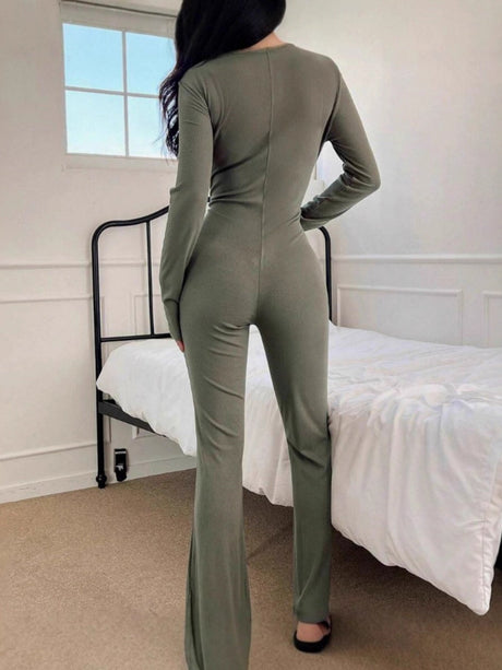 Polo Collar Knitting Long Sleeve Buttock Lift Jumpsuits
