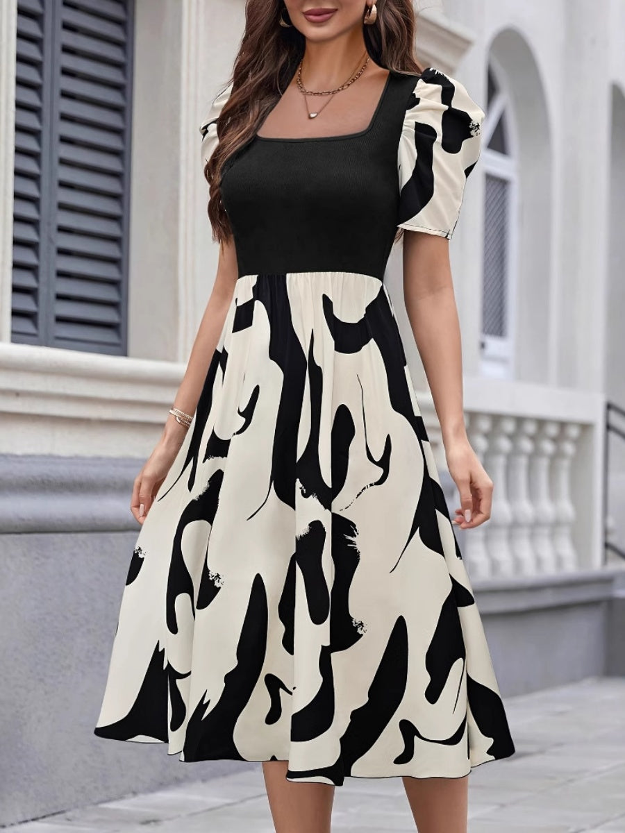 Commuting Knitting Printed Square Collar Puff Sleeve Midi Dresses