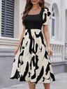 Commuting Knitting Printed Square Collar Puff Sleeve Midi Dresses