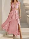 V-neck With Ruffles Backless And Waistless Hollowed-out Slit Back Strap Maxi Dresses