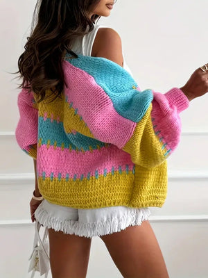 Color Blocking V-neck Lantern Sleeves Cardigans