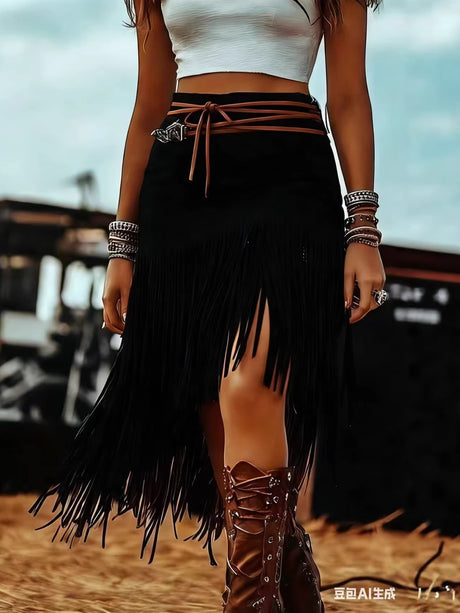 Brown High-waisted Faux Suede Tassel Skirt