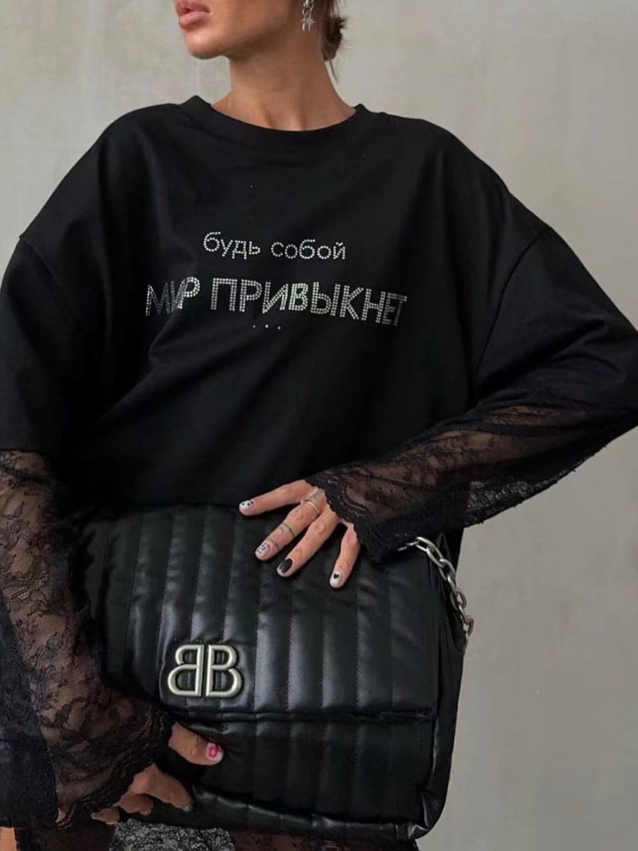 Liber Autumn women's printed ovserzie hot diamond pullover T-shirt