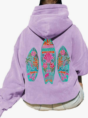 Printed Raglan Sleeves Thread Hawaii Hibiscus Hoodie