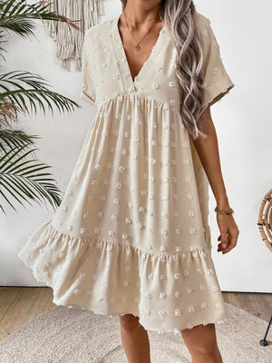 Ruffled Hem V-neck With Rolled-up Sleeves Mini&Short Dresses