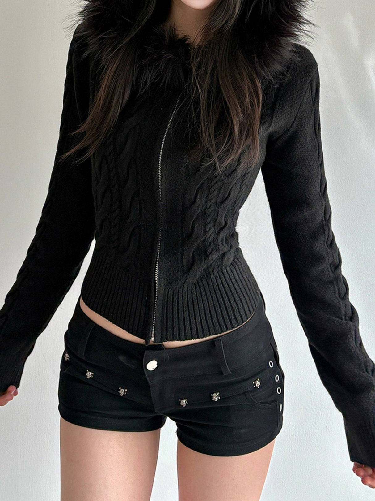 Plush Patchwork Hoodies Zipper Cable Knit Sweater Cardigans