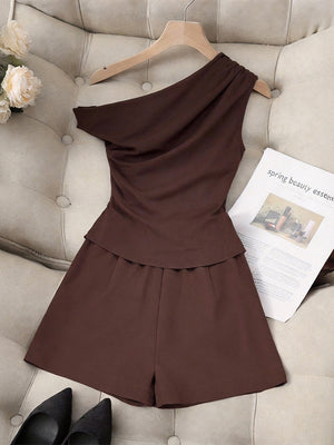Brown Asymmetrical Off-shoulder Pleated Sleeveless Top And Shorts Two-piece Set