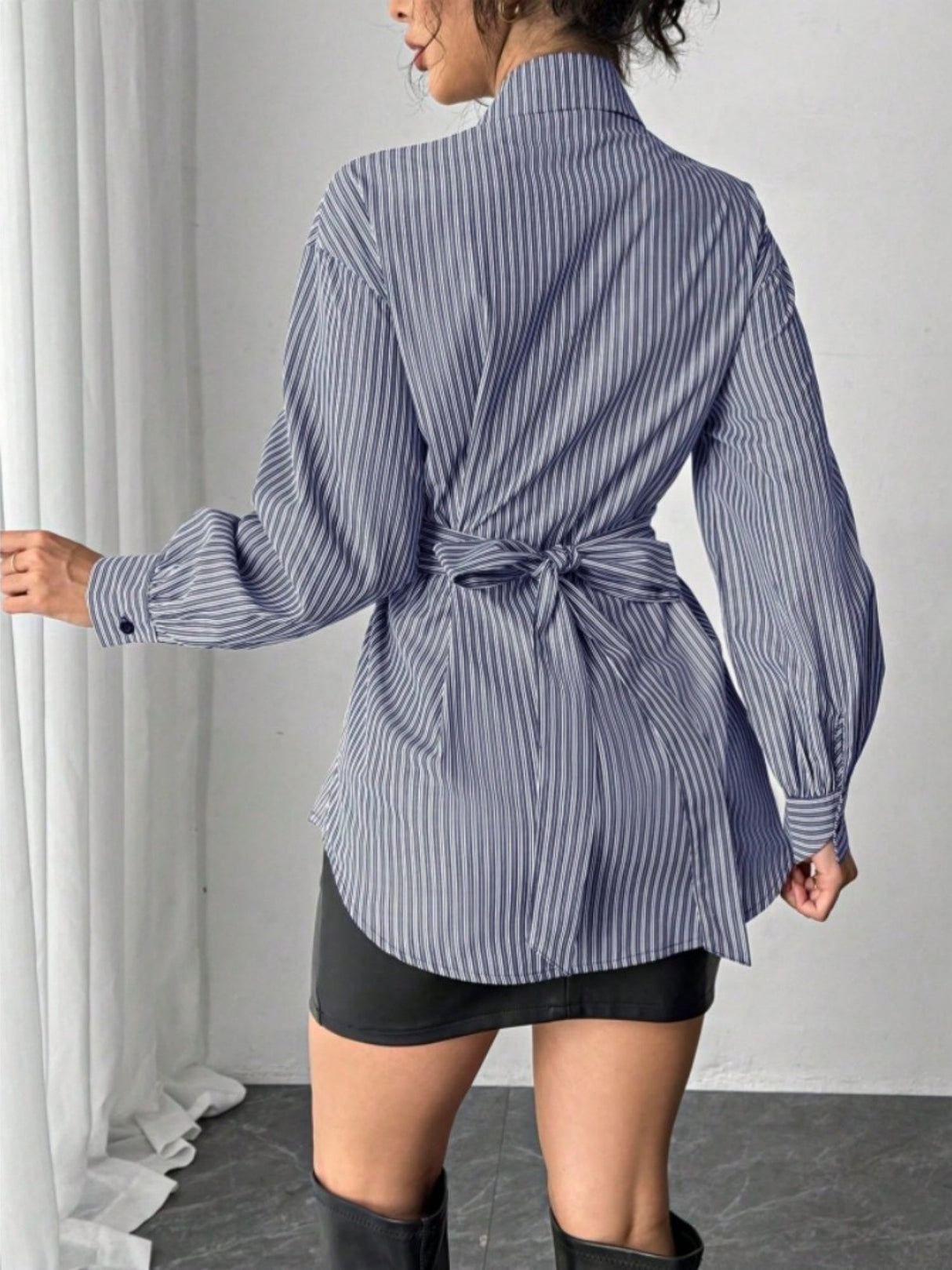 Stripes Long Sleeves Irregular Belt Shirts
