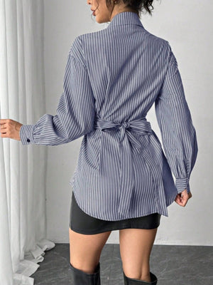 Stripes Long Sleeves Irregular Belt Shirts