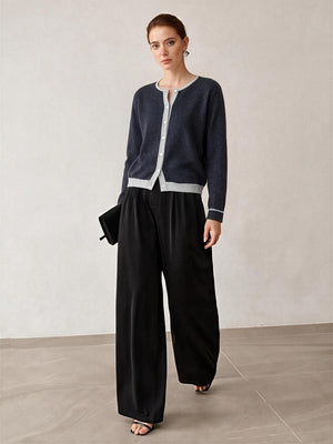 100% Wool Color Block Crew Neck Knit Cardigan
