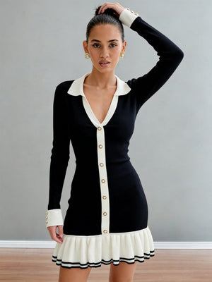 Color-blocked Ruffle Lapel Buttons Maxi Dresses