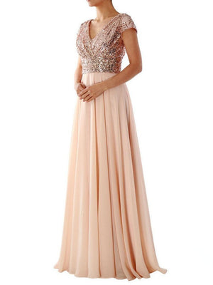 V-neck Sequins Chiffon Splicing Evening Gown Maxi Dresses