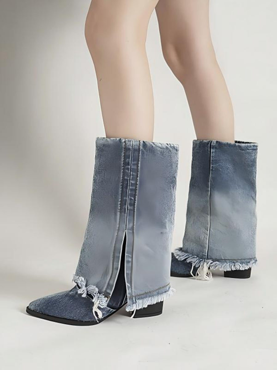Blue Pointed-toe Denim Boots For Women