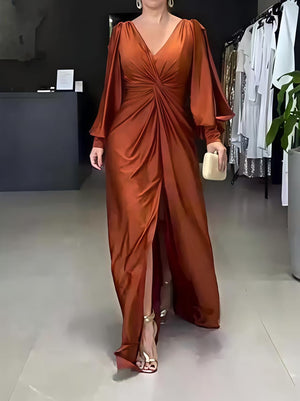 V-neck Solid Color Long Sleeve Slim Fit Slit Maxi Dresses