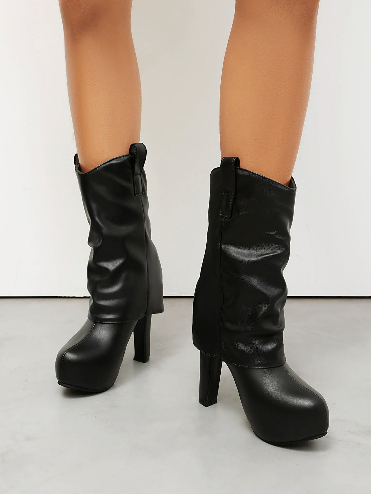 Patchwork Pleated High-heeled Mid-calf Women's Boots