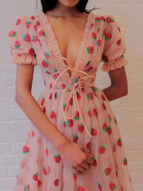 French Strawberry Four-Color Sequined Sweet Mesh Tie-Waist Slim Fit Long Dress