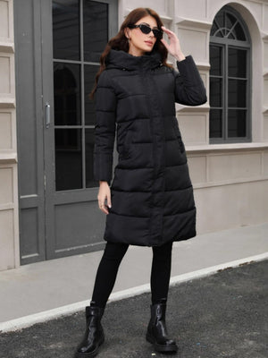Black Hooded Thickening Slim-fit Long Down Jacket