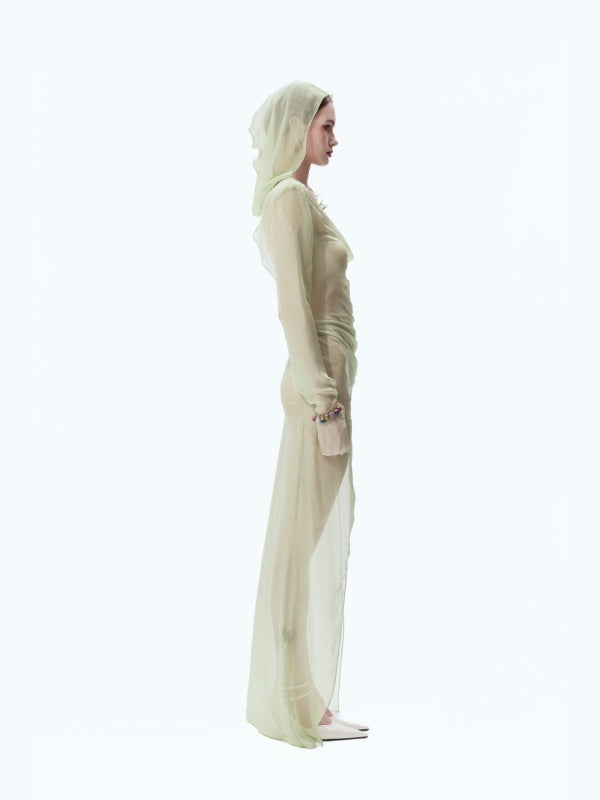 Silk Padded-shoulder Hooded Backless Slit Maxi Dress
