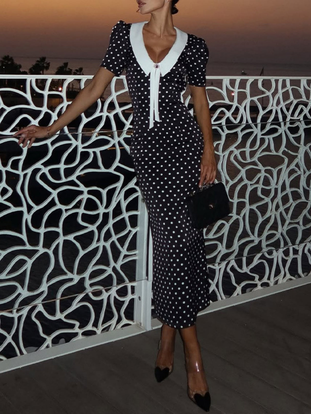 Polka Dots Color-blocked Puff Sleeve Bodycon Slimming Maxi Dresses