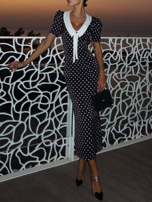 Polka Dots Color-blocked Puff Sleeve Bodycon Slimming Maxi Dresses