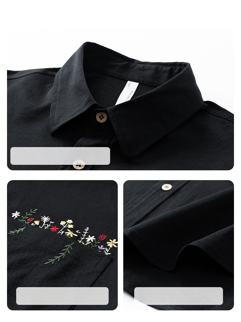Simple Floral Embroidery Stripes Shirts