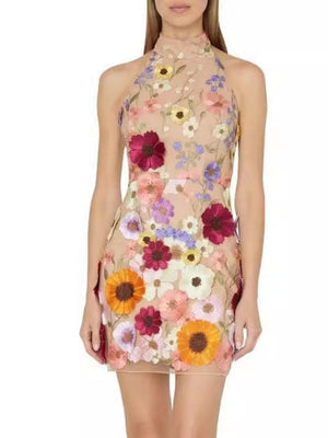 Bestickte 3D-Blumen-Neckholder-Minikleider &amp; kurze Kleider mit Figurformung
