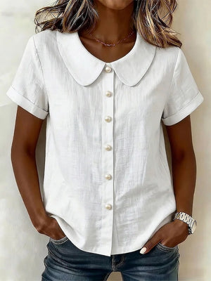 Cotton And Linen Short-sleeved Peter Pan Collar T-shirt