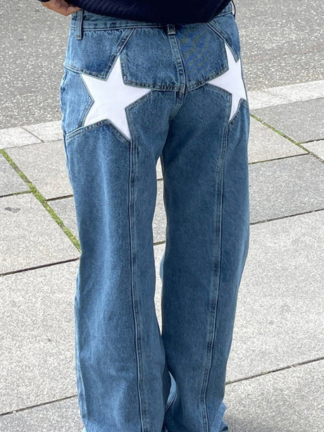 Y3K Color Blocking Five-pointed Star Low-waisted Wide-leg Pants Jeans