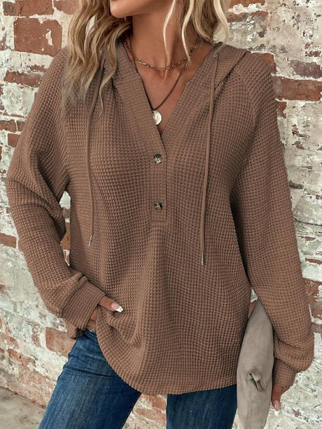 Waffle Drawstring Buttons V-neck Long Sleeve Hoodie