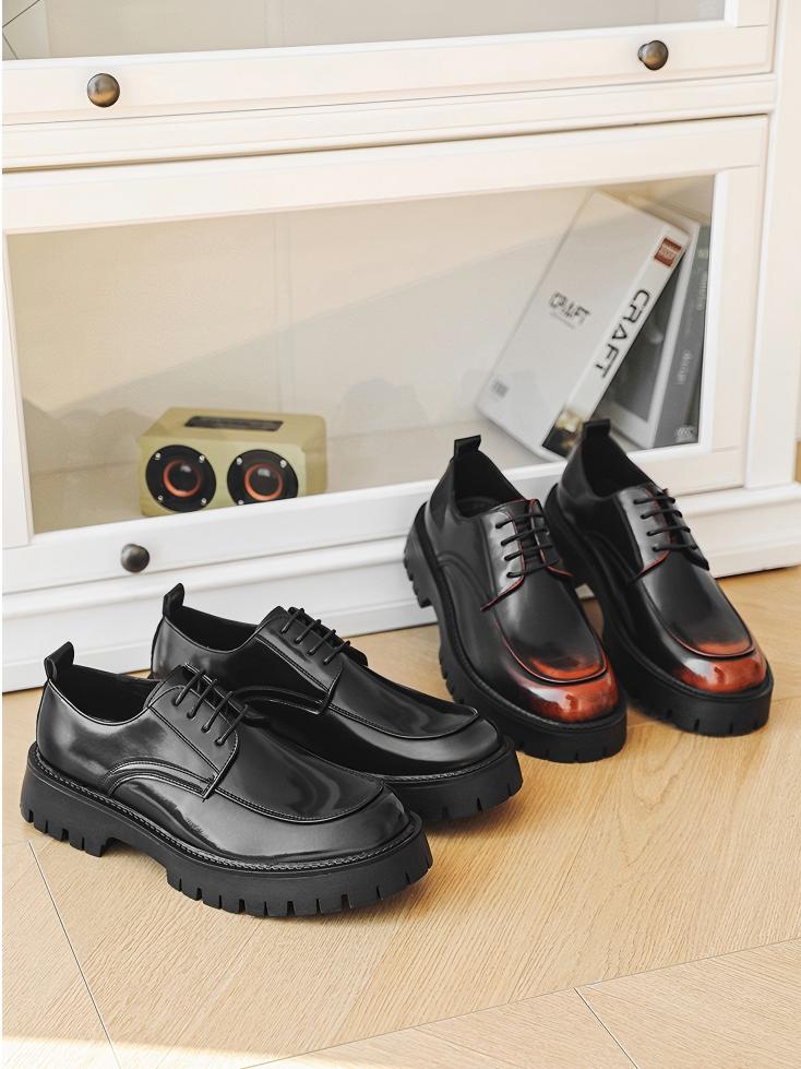 Distressed Thick-soled Lace-up Leather Shoes