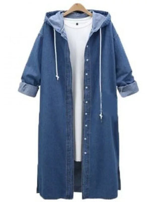 Long Denim Jacket, Loose Fit Casual Style Hooded Coat