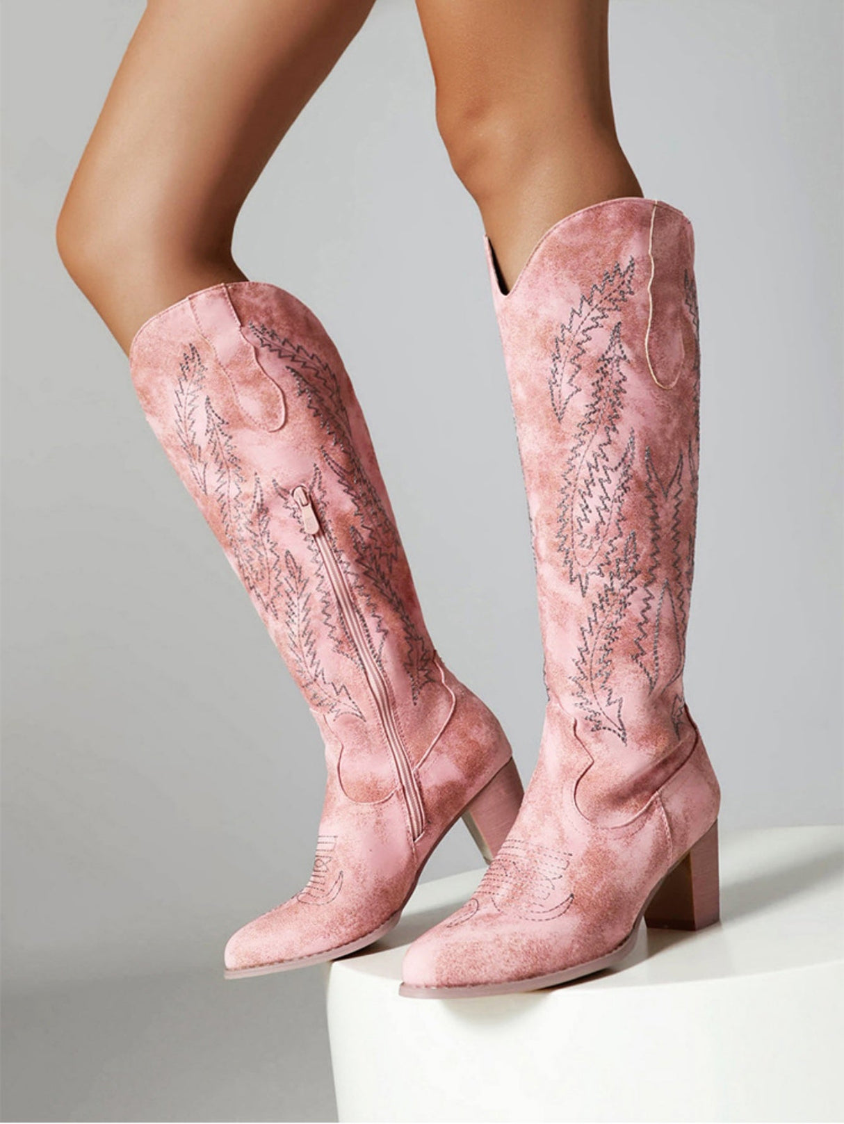 Embroidered Pointed-toe Zipper Mid-calf Pink Western Women's Boots