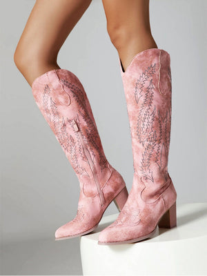Embroidered Pointed-toe Zipper Mid-calf Pink Western Women's Boots