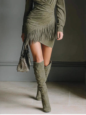 Western Cowboy Style Suede Tassel Slim-fit Long Sleeve Mini&Short Dresses