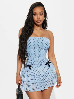 Strapless Waist Polka Dots Mesh Cake Skirt Bow Mini&Short Dresses