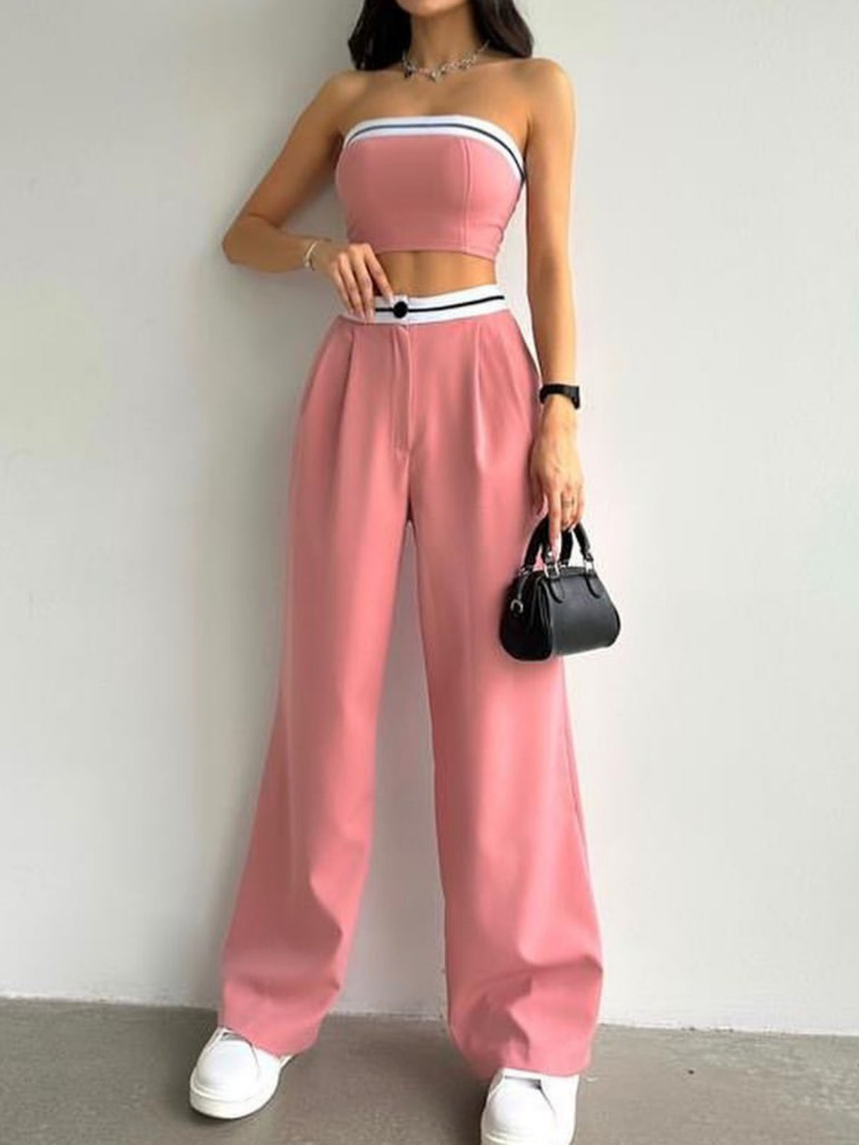 Color-blocked Vest Bandeau High-waisted Wide-leg Trousers 2-piece Sets