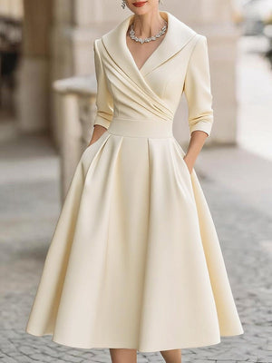 Long Sleeve Wrap-up Big Swing Solid Color Midi Dresses