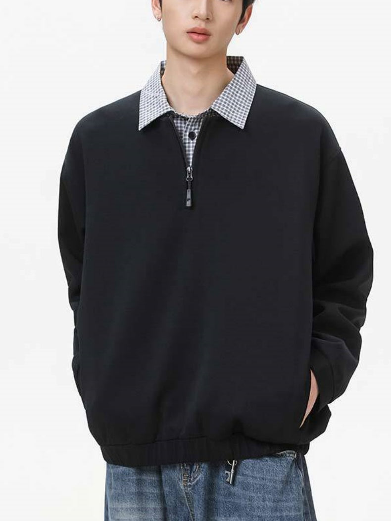 Layered-look Plaid Zipper Loose-fit Sweatshirts&Hoodies