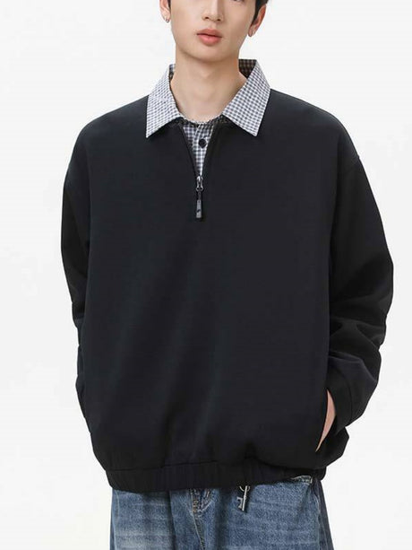 Layered-look Plaid Zipper Loose-fit Sweatshirts&Hoodies