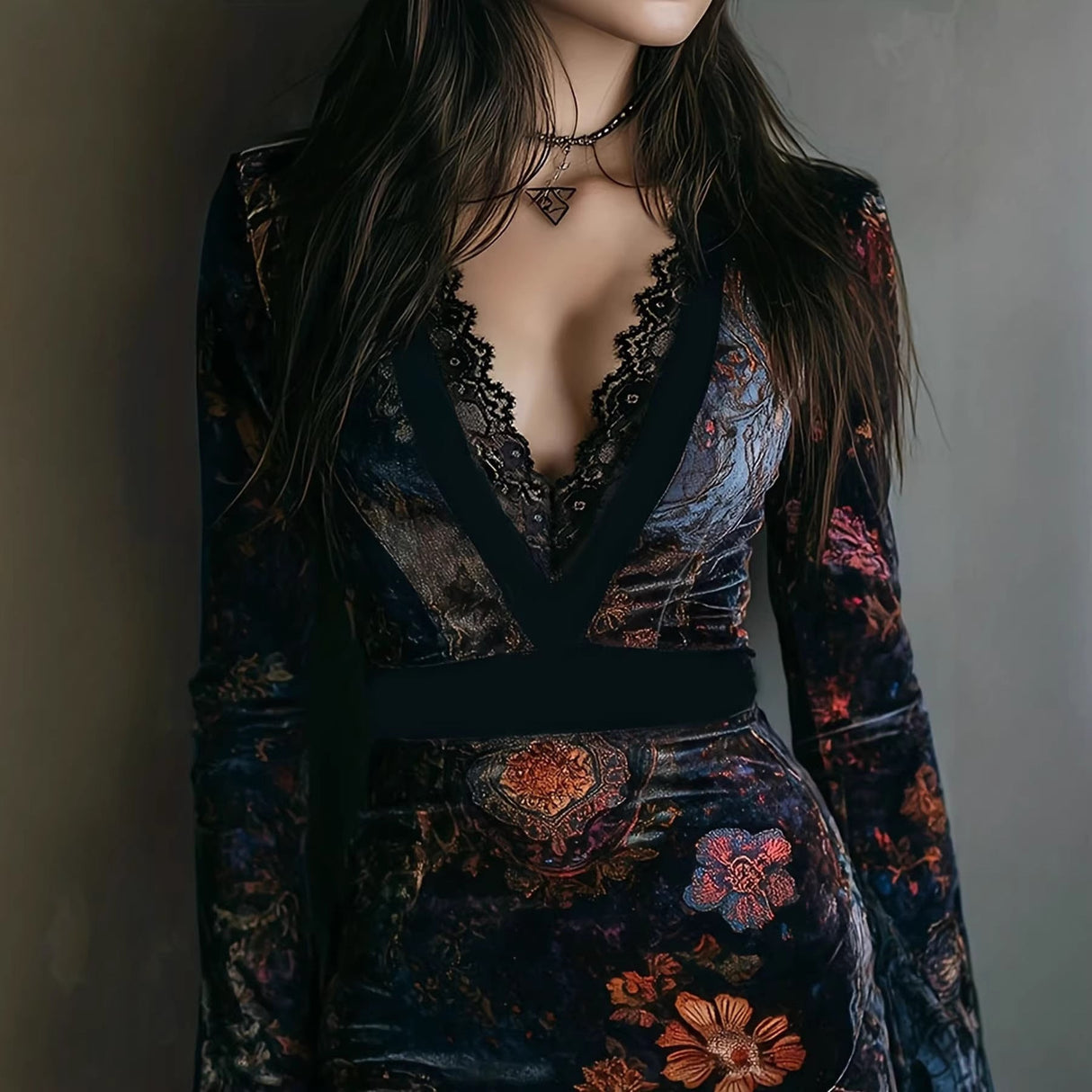 V-neck Lace Trim Printed Long Sleeve Hip-hugging Mini&Short Dresses