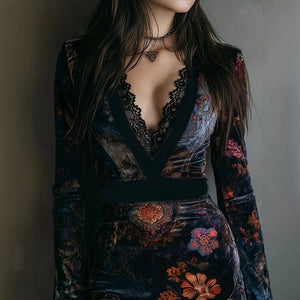 V-neck Lace Trim Printed Long Sleeve Hip-hugging Mini&Short Dresses