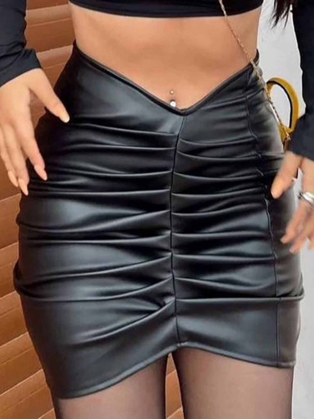 Pleated PU Commuter Skirt Bodycon Skirt