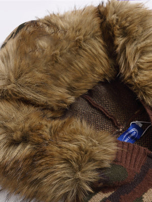 Retro Fur Collar Camouflage Letter Embroidery Hooded Knitwear